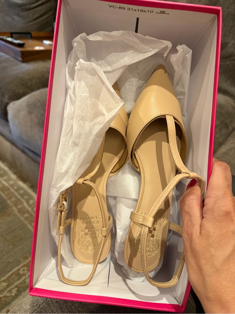 Vince Camuto Nude Pointed-Toe T-Strap Slingback Flats